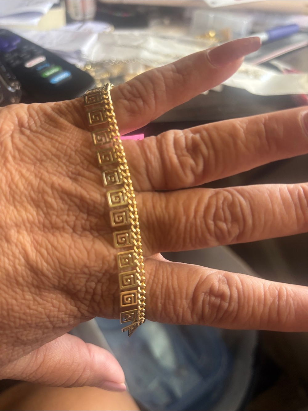 Gold Greek Key Link Bracelet for Women. Laminated Gold.